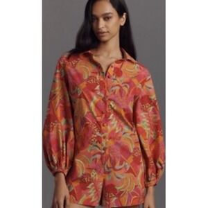 Farm Rio Anthropologie Romper Floral Print Balloon Sleeve Button Up XL NWT